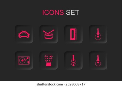 Set Guitar neck, Drum with drum sticks, Tambourine, Violin, Mandolin, Harmonica and Vinyl player vinyl disk icon. Vector