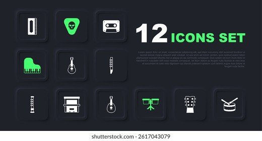 Set Guitar neck, Drum with drum sticks, Bongo, Grand piano, Piano, pick and Mandolin icon. Vector