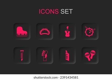 Set Guitar neck, Tambourine, Grand piano, Keytar, Drum with drum sticks, Maracas, Electric bass guitar and Clarinet icon. Vector