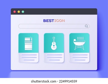 Set Guitar , Open cigarettes pack box  and Barbecue grill  icon. Vector