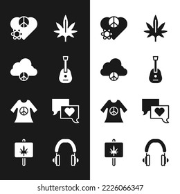 Set Guitar, Peace cloud, Love peace, Marijuana, dress print stamp, Speech bubble chat, Headphones and icon. Vector