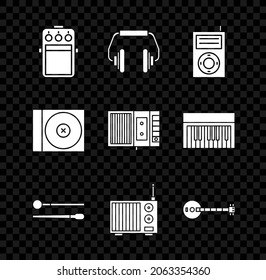 Set Guitar pedal, Headphones, Music MP3 player, Drum sticks, Radio with antenna, Banjo, CD or DVD disk and tape icon. Vector