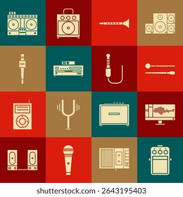 Set Guitar pedal, Sound or audio recorder on monitor, Drum sticks, Clarinet, Music CD player, Microphone, DJ remote for playing and mixing music and Audio jack icon. Vector