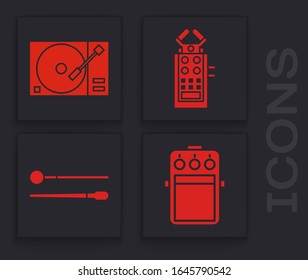 Set Guitar pedal, Vinyl player with a vinyl disk, Microphone and Drum sticks icon. Vector