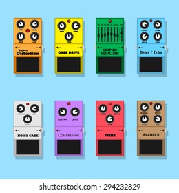 set of guitar pedals effects: distortion, overdrive, equalizer, delay, noise, compressor, phaser and flanger, flat style illustration