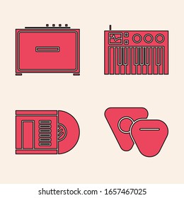Set Guitar pick, Guitar amplifier, Music synthesizer and Vinyl disk icon. Vector