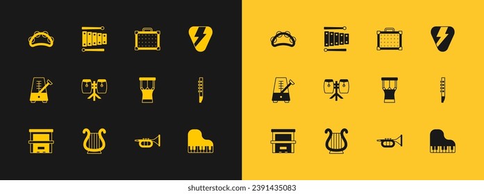 Set Guitar pick, Ancient Greek lyre, African percussion drum, Trumpet, Conga drums, amplifier, Tambourine and Xylophone icon. Vector