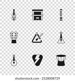 Set Guitar pick, Balalaika, African darbuka drum, Triangle musical instrument, Flute, Violin, Piano and neck icon. Vector