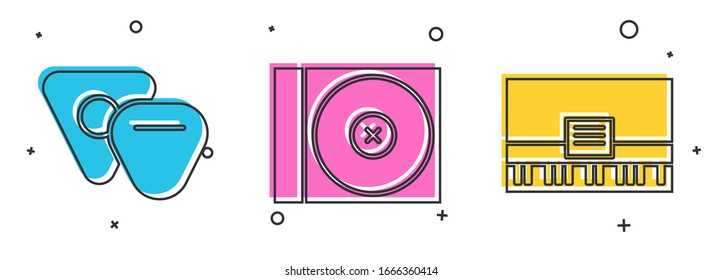 Set Guitar pick, CD or DVD disk and Piano icon. Vector