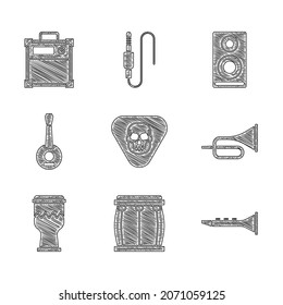 Set Guitar pick, Drum, Clarinet, Trumpet, Banjo, Stereo speaker and amplifier icon. Vector