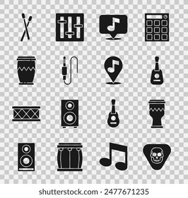 Set Guitar Pick, Drum, nota musical, conector de audio, palos e ícono musical de Locación. Vector