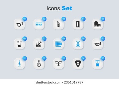 Set Guitar pick, Metronome with pendulum, Music synthesizer, African percussion drum, Trumpet,  and Xylophone icon. Vector