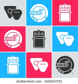 Set Guitar pick, Music CD player and Guitar pedal icon. Vector