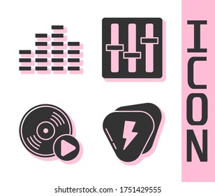 Set Guitar pick, Music equalizer, Vinyl disk and Sound mixer controller icon. Vector