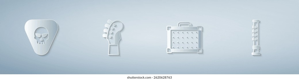 Set Guitar pick, neck, amplifier and Flute. Paper art style. Vector
