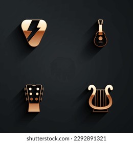 Set Guitar pick, neck and Ancient Greek lyre icon with long shadow. Vector