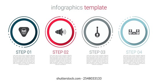 Set Selección de guitarra, volumen del altavoz, Banjo y estéreo casero. Plantilla de infografía de negocios. Vector