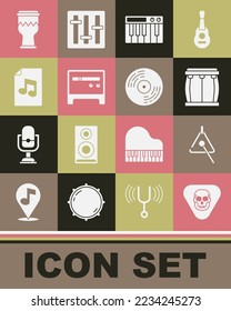 Set Guitar pick, Triangle, Drum, Music synthesizer, amplifier, book with note,  and Vinyl disk icon. Vector