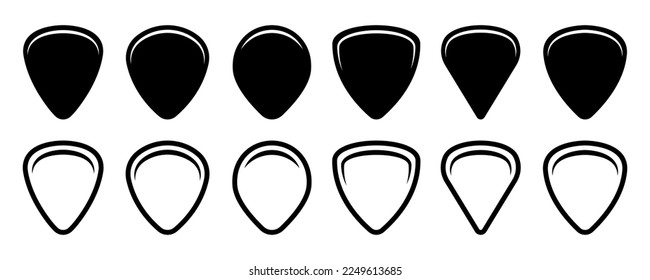 Set of guitar pick vector icons. Black silhouette with guitar pick. Musical plastic equipment.