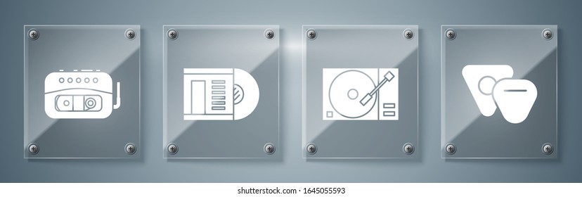 Set Gitarrenauswahl, Vinyl Player mit Vinyl Disk, Vinyl Disc und Music Tape Player. Viereckige Glasplatten. Vektorillustration