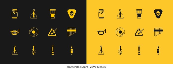 Set Guitar pick, Violin, Triangle musical instrument, Flute, Vinyl disk, African percussion drum, Conga drums and Balalaika icon. Vector