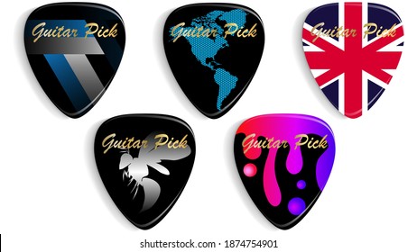 Set of guitar picks or plectrums. Custom design.