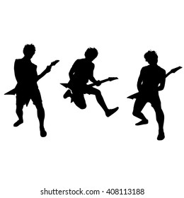 Set of Guitar Player silhouettes isolated on white background. The guitarist in a jump. Guitar. Vector illustration.Guitarists in silhouette