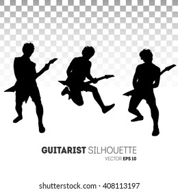 Set of Guitar Player silhouettes on transparent background. The guitarist in a jump. Guitar. Vector illustration