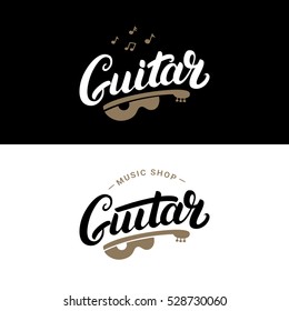 Set of guitar shop hand written lettering logos, emblems, badges. Vintage style. Isolated on white background. Vector illustration.