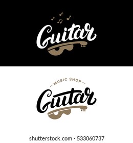 Set of guitar shop hand written lettering logos, emblems, badges. Vintage style. Isolated on white background. Vector illustration.