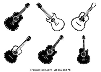 set of guitar silhouette and liner art illustration, collection of musical guitars vector on white background