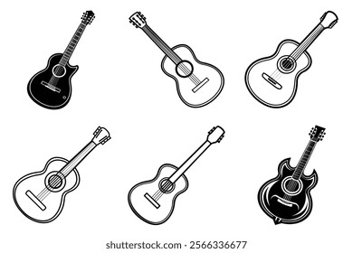 set of guitar silhouette and liner art illustration, collection of musical guitars vector on white background