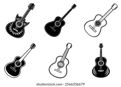 set of guitar silhouette and liner art illustration, collection of musical guitars vector on white background