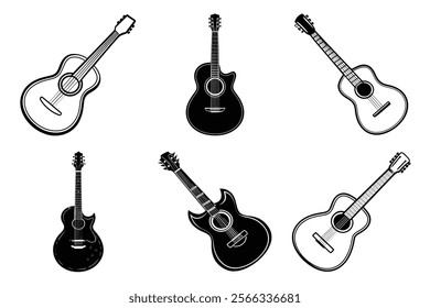 set of guitar silhouette and liner art illustration, collection of musical guitars vector on white background