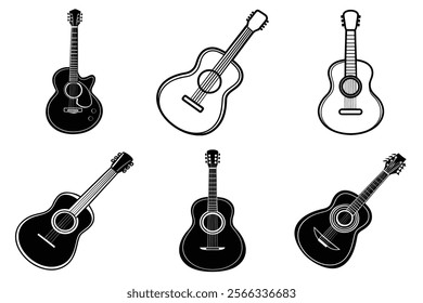 set of guitar silhouette and liner art illustration, collection of musical guitars vector on white background