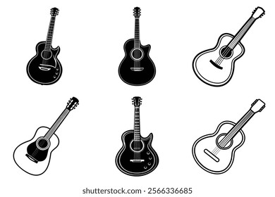 set of guitar silhouette and liner art illustration, collection of musical guitars vector on white background