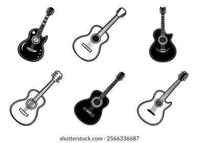 set of guitar silhouette and liner art illustration, collection of musical guitars vector on white background