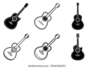 set of guitar silhouette and liner art illustration, collection of musical guitars vector on white background