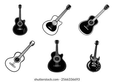 set of guitar silhouette and liner art illustration, collection of musical guitars vector on white background