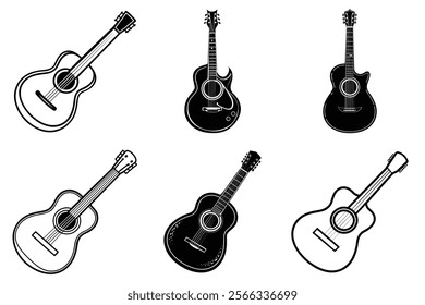 set of guitar silhouette and liner art illustration, collection of musical guitars vector on white background