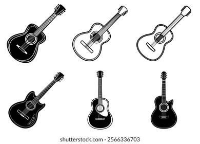 set of guitar silhouette and liner art illustration, collection of musical guitars vector on white background