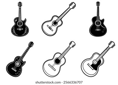 set of guitar silhouette and liner art illustration, collection of musical guitars vector on white background