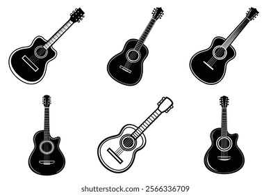 set of guitar silhouette and liner art illustration, collection of musical guitars vector on white background