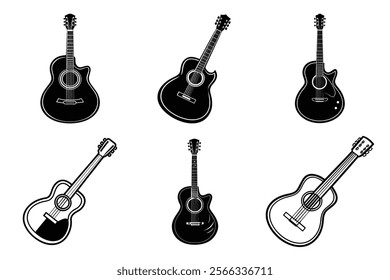 set of guitar silhouette and liner art illustration, collection of musical guitars vector on white background