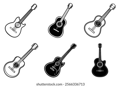 set of guitar silhouette and liner art illustration, collection of musical guitars vector on white background