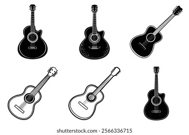 set of guitar silhouette and liner art illustration, collection of musical guitars vector on white background