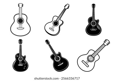 set of guitar silhouette and liner art illustration, collection of musical guitars vector on white background