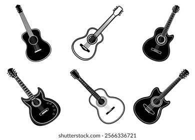 set of guitar silhouette and liner art illustration, collection of musical guitars vector on white background