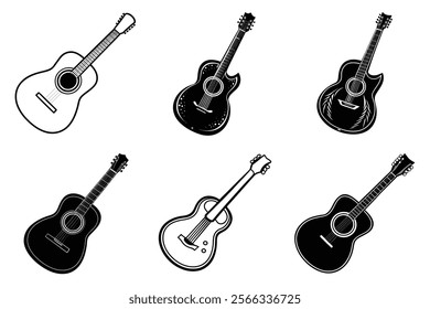 set of guitar silhouette and liner art illustration, collection of musical guitars vector on white background