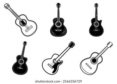 set of guitar silhouette and liner art illustration, collection of musical guitars vector on white background